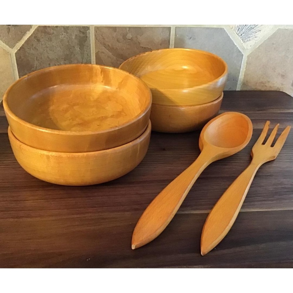 Vintage Wolverine Grand Rapids Wood Salad Bowl Set 7pc Cottagecore Farmhouse MCM - Picture 15 of 16